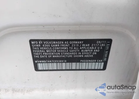 2012 Volkswagen Cc Sport z USA, uszkodzony, nr VIN WVWMN7AN7CE538918